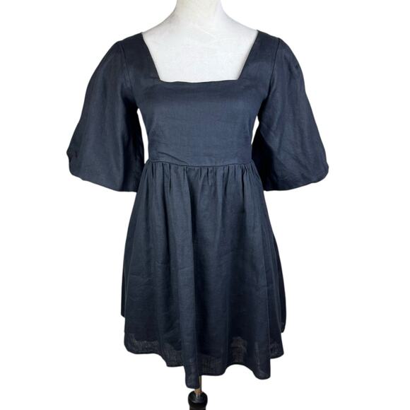 Seafolly Black 100% Linen Low Back Puff Short Sleeve Lined Babydoll Dress Pocket - Picture 1 of 13